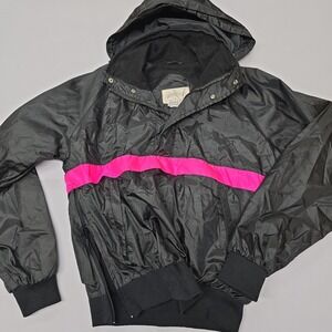 Vintage Hot Stuff Black Neon Pink Anorak Windbreaker Jacket Hooded Nylon Women S